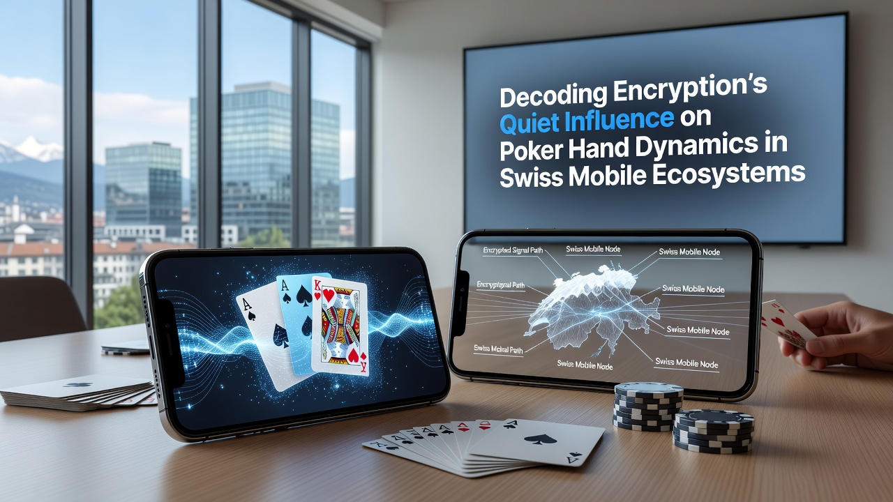 Network diagram illustrating encryption flow between Swiss mobile devices and poker servers during active hands