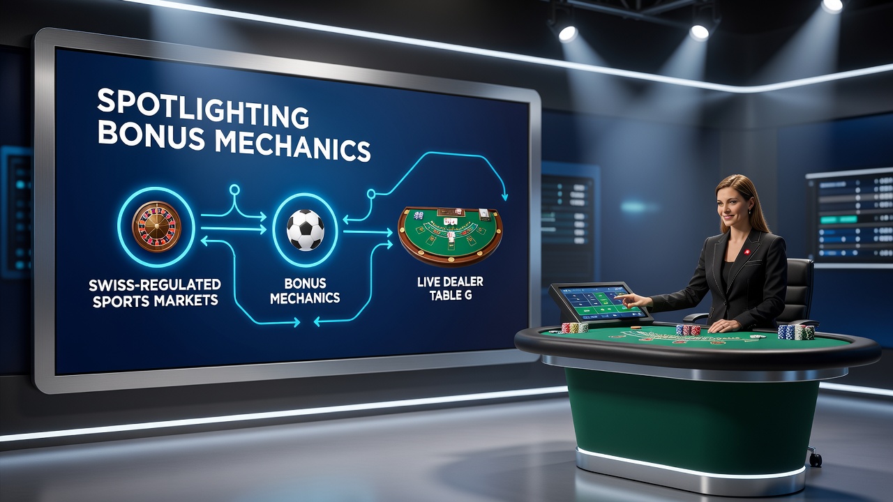 Live dealer table game environment with overlaid bonus indicators linking back to Swiss sports market promotions